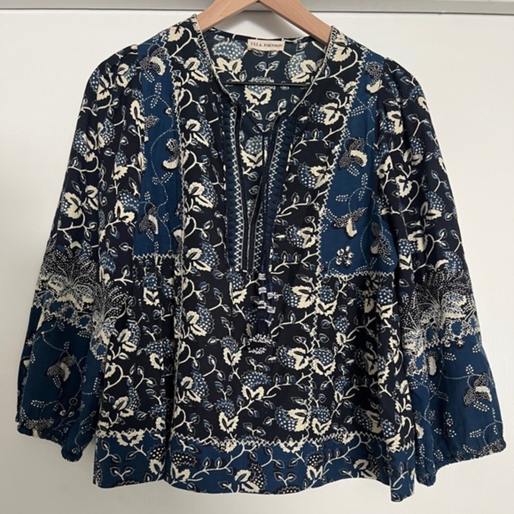 Ulla Johnson Rami Tie Front Tunic Blouse Floral Batik Print Embroidered size 2